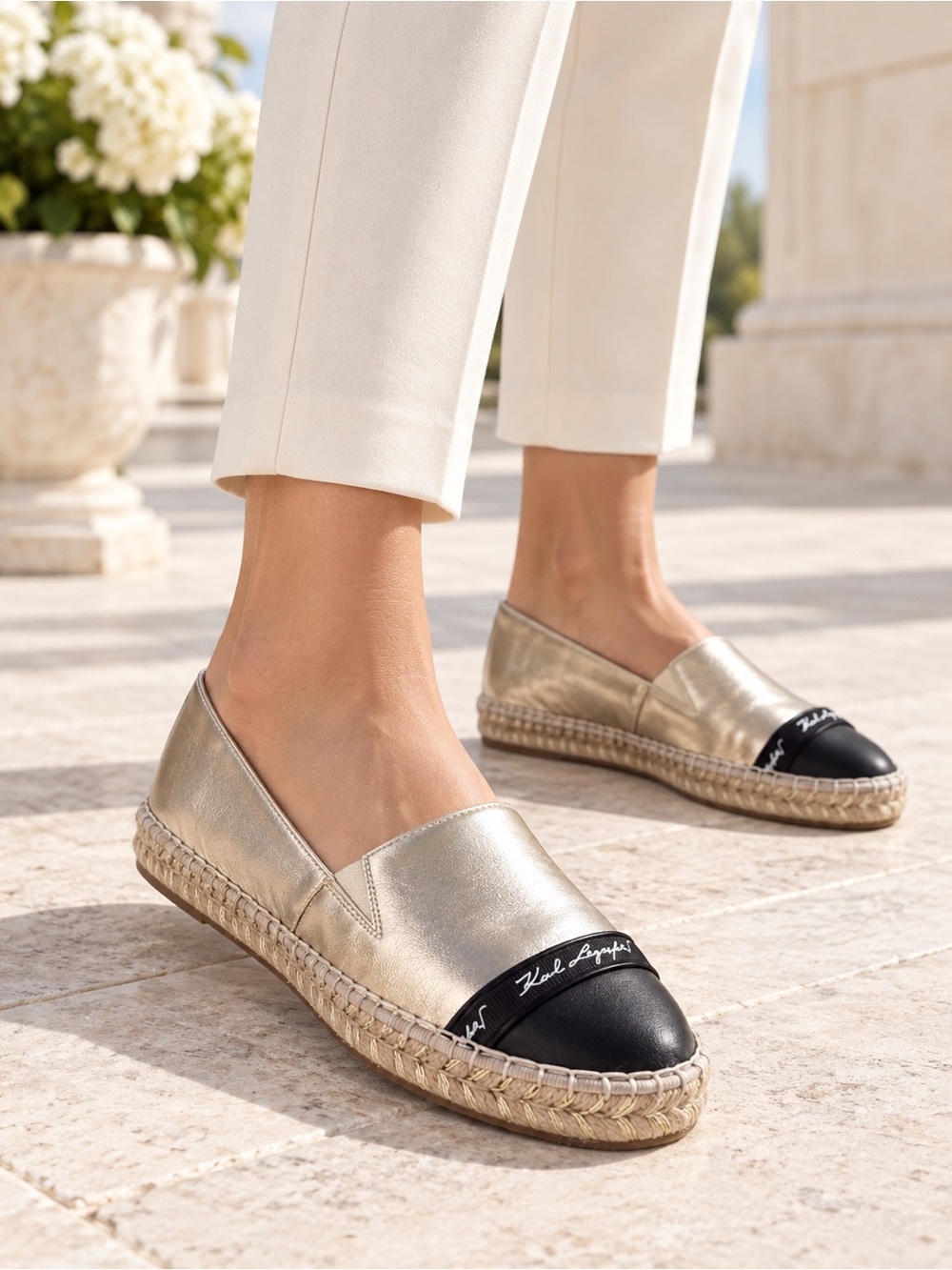 Karl Lagerfeld Paris Women's Montella Espadrille Flats Gold Black 8.5 NWT